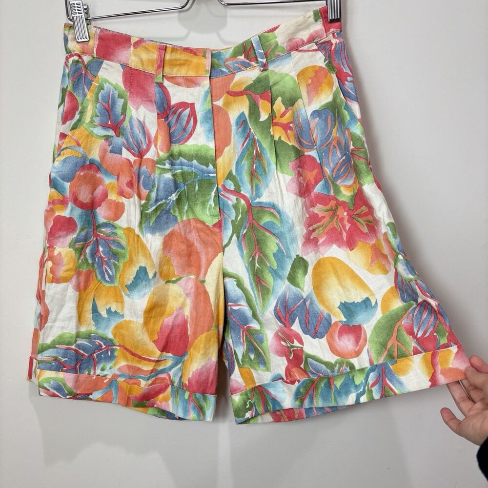 Vintage Floral 100% Linen High Waist Shorts Women 10 Pink Pleated Airy Cottage